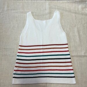 Striped‎ Knit Tank Top V Neck Sleeveless White Multi Color Summer Casual